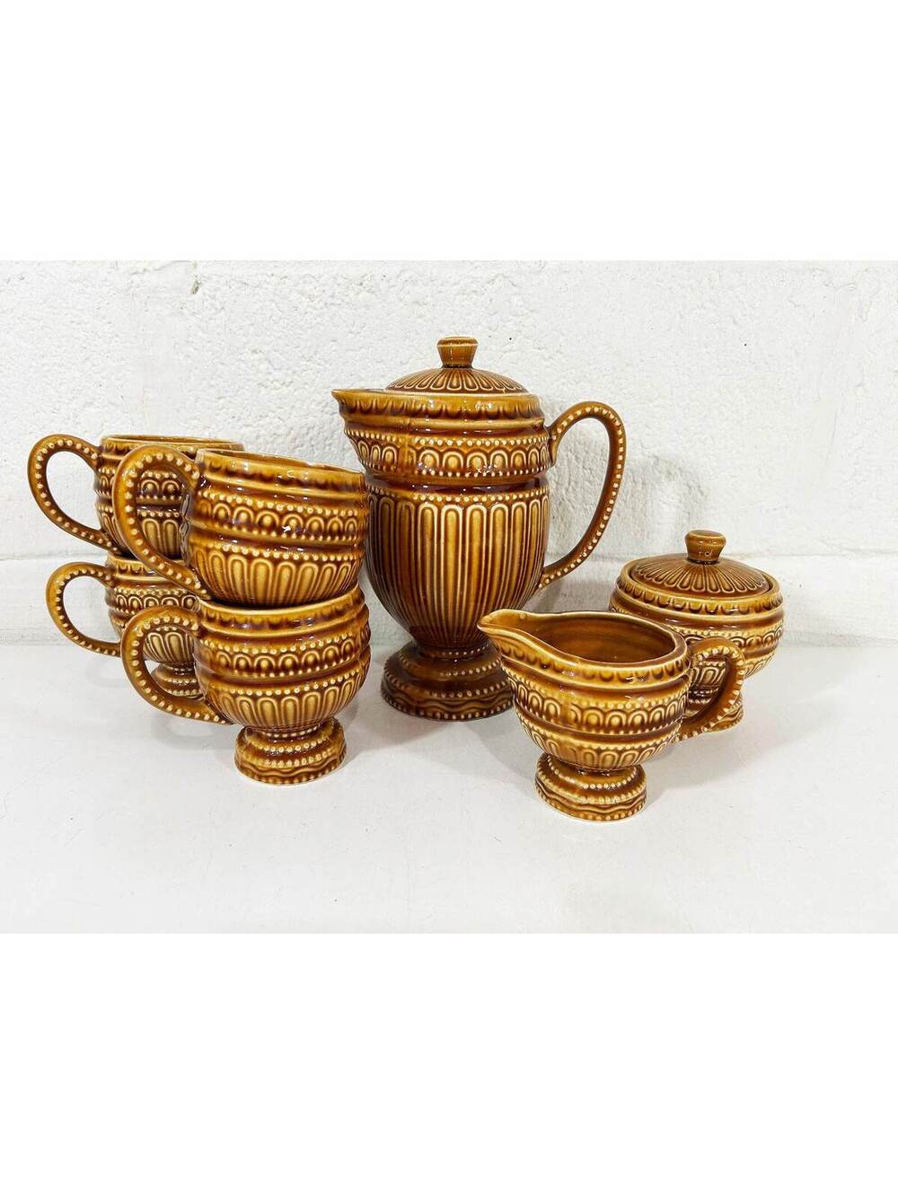 Vintage Royal Sealy Japan Coffee Set Harvest Gold Teapot & Mugs 1970s